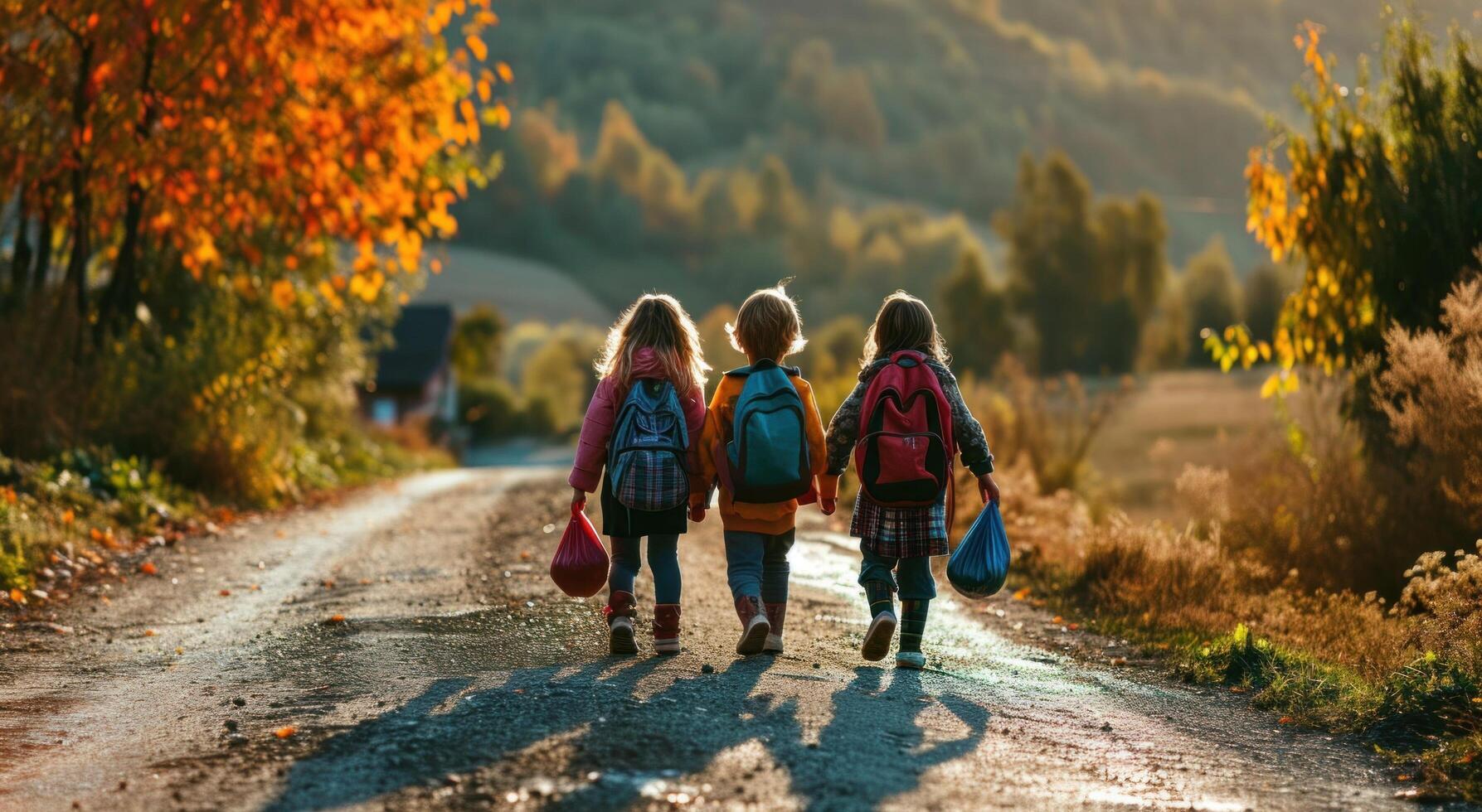 ai generado niños son caminando abajo la carretera con su mochilas foto