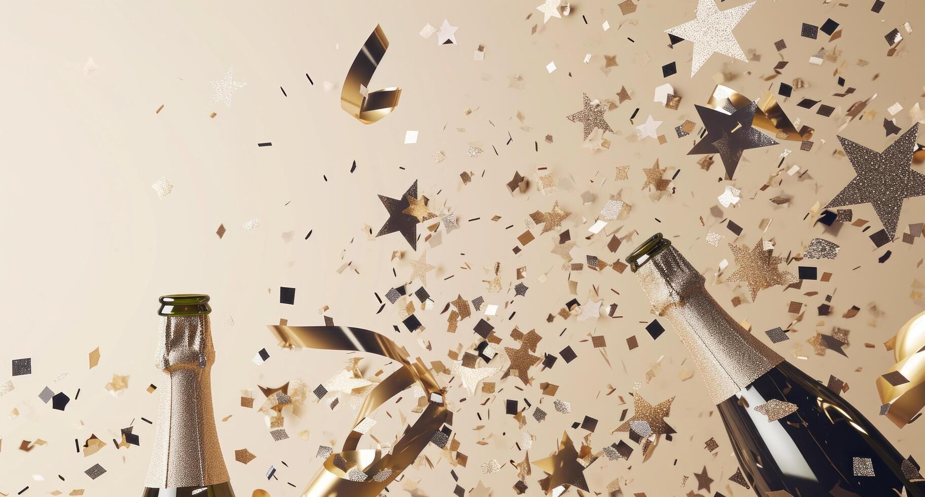 AI generated confettis, gold bottles, silver stars, and paper confetti photo