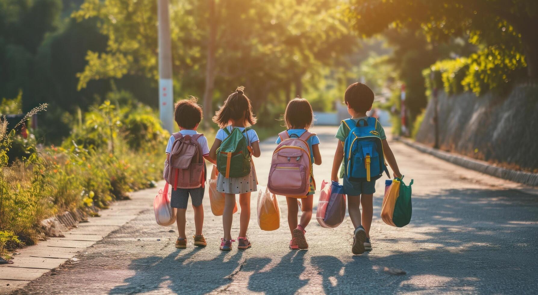AI generated kids are walking down road with their backpacks photo