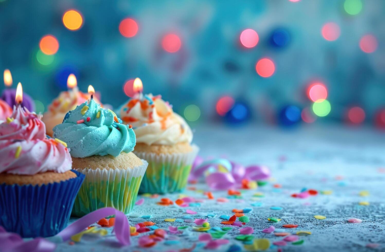 AI generated colorful cupcakes are around for a party on a blue background photo