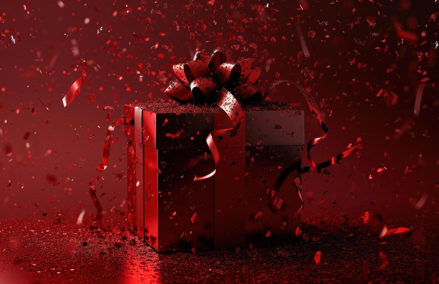 AI generated holiday gift box isolated on red background with red confetti photo