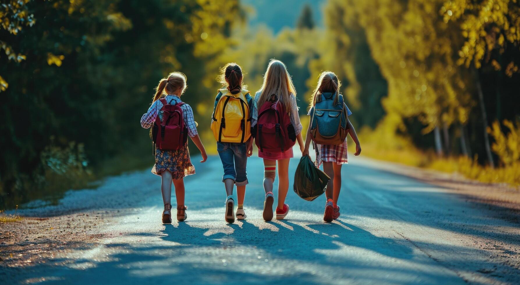 AI generated kids are walking down road with their backpacks photo