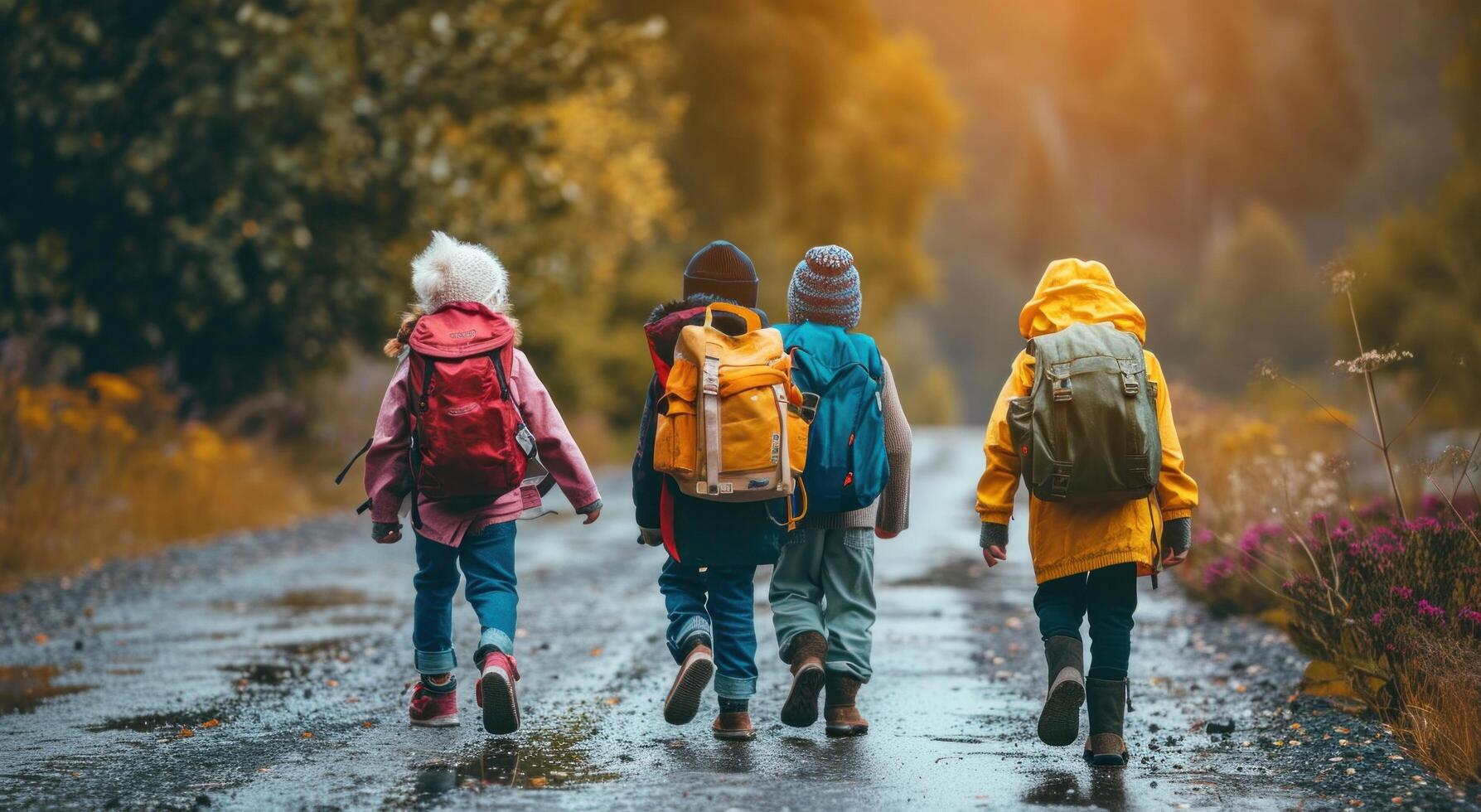 AI generated kids are walking down road with their backpacks photo