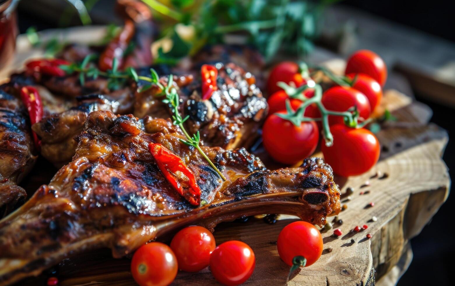 ai generado A la parrilla carne con Tomates, chiles y hierbas en un de madera barbacoa foto