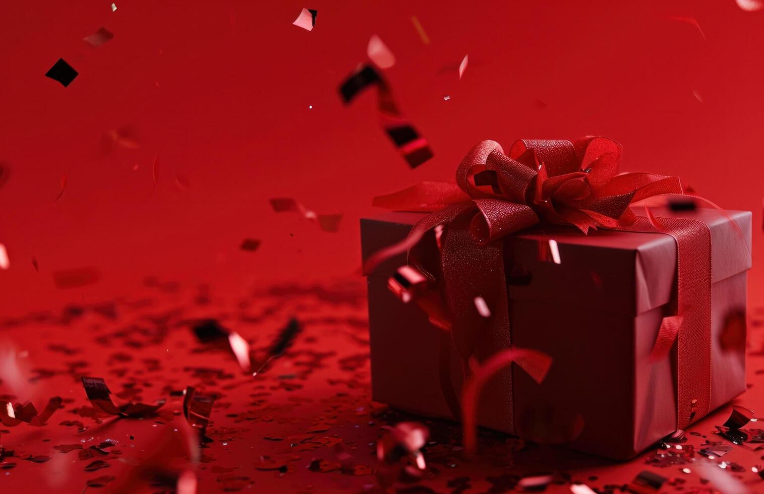 AI generated holiday gift box isolated on red background with red confetti photo