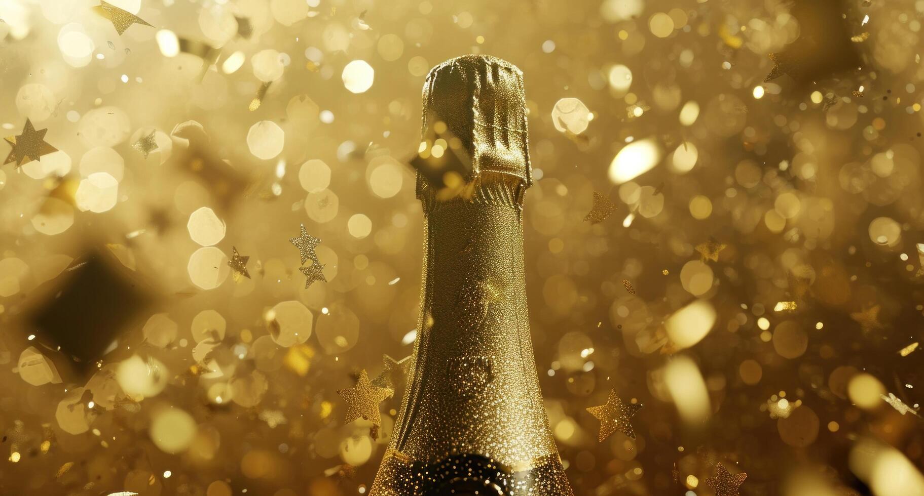 AI generated golden background with a bottle of champagne and confetti photo