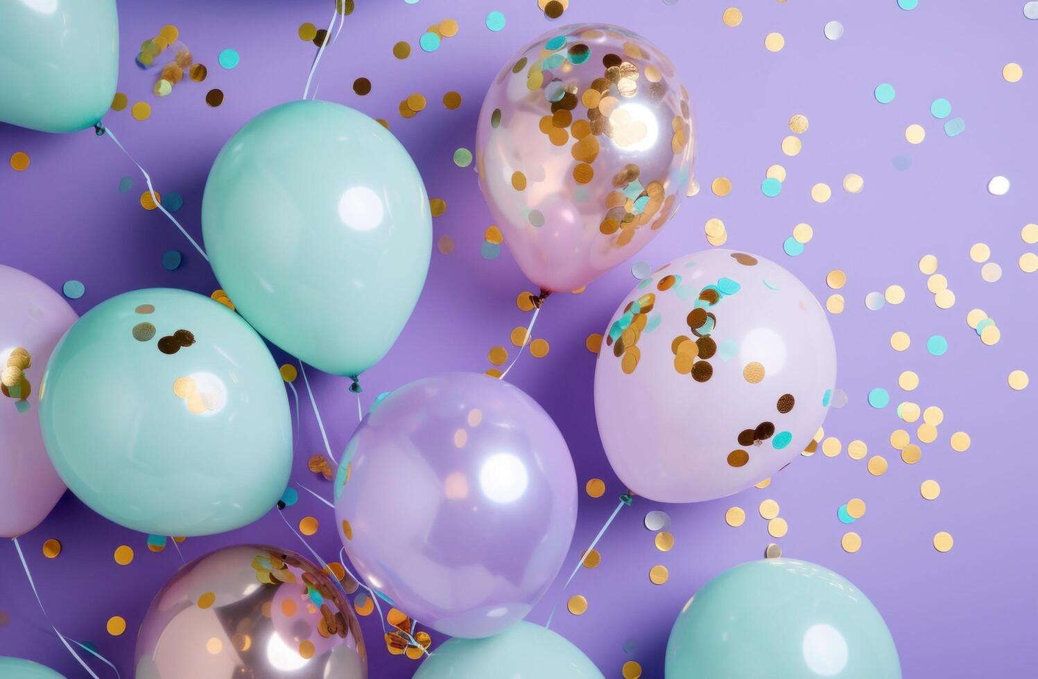 AI generated pastel and aqua balloons with confetti on purple background photo