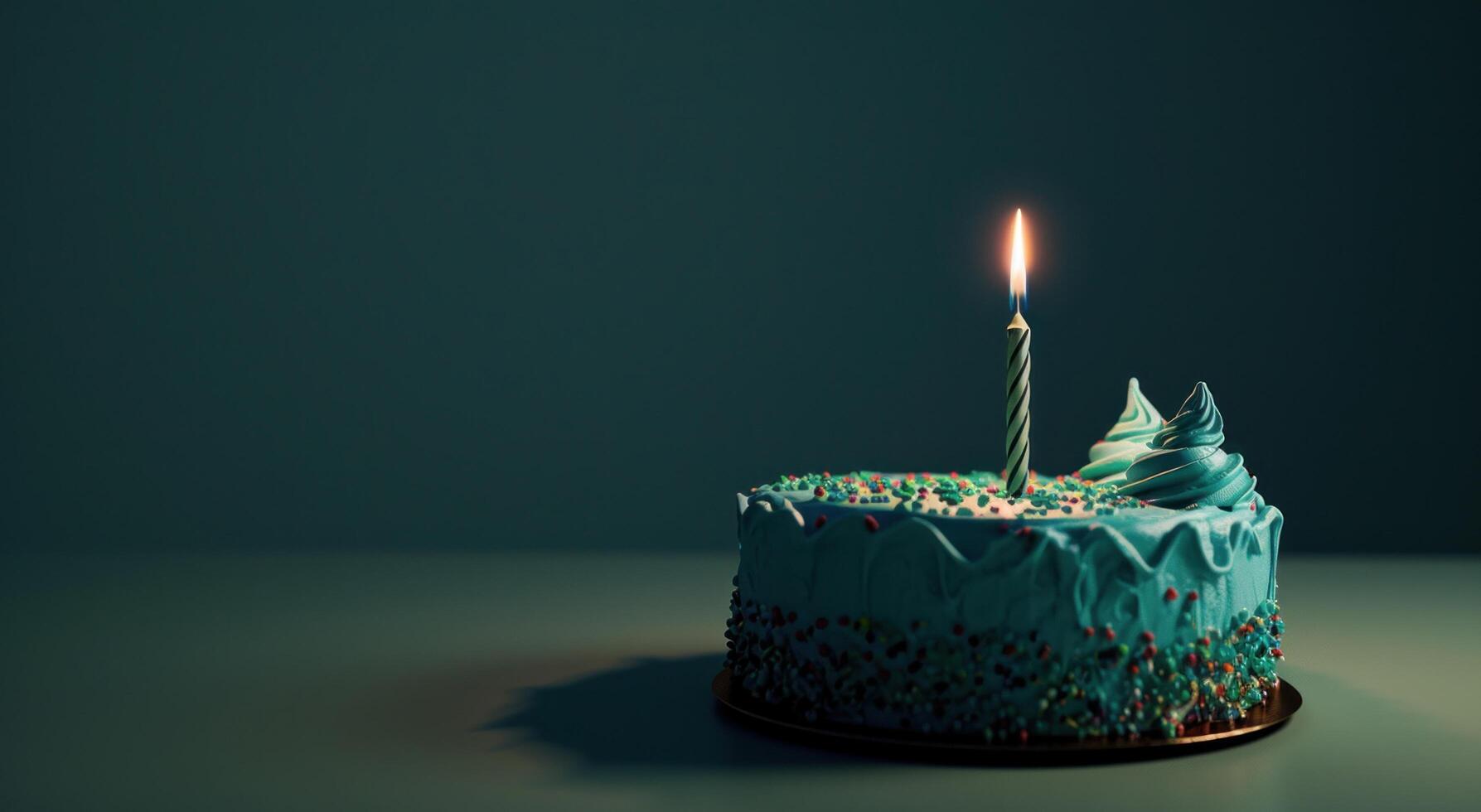 AI generated light candle on a birthday cake with blue icing photo