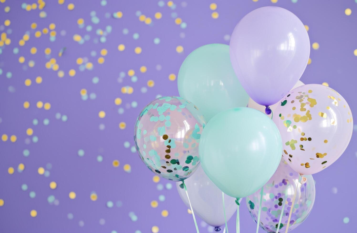 AI generated pastel and aqua balloons with confetti on purple background photo