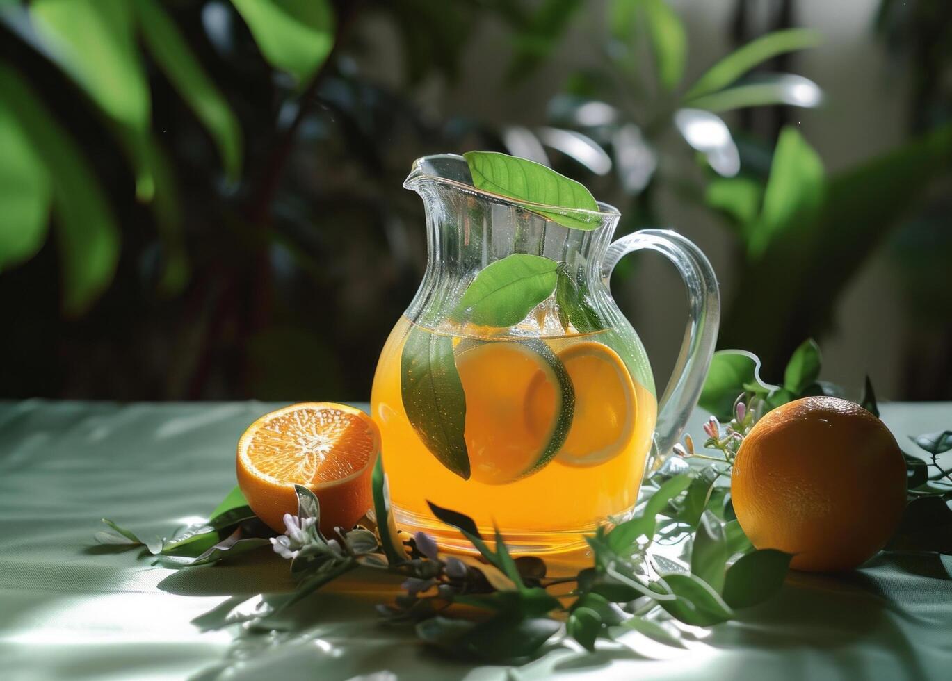 AI generated a pitcher of delicious orange lemonade with ice cubes surrounded photo