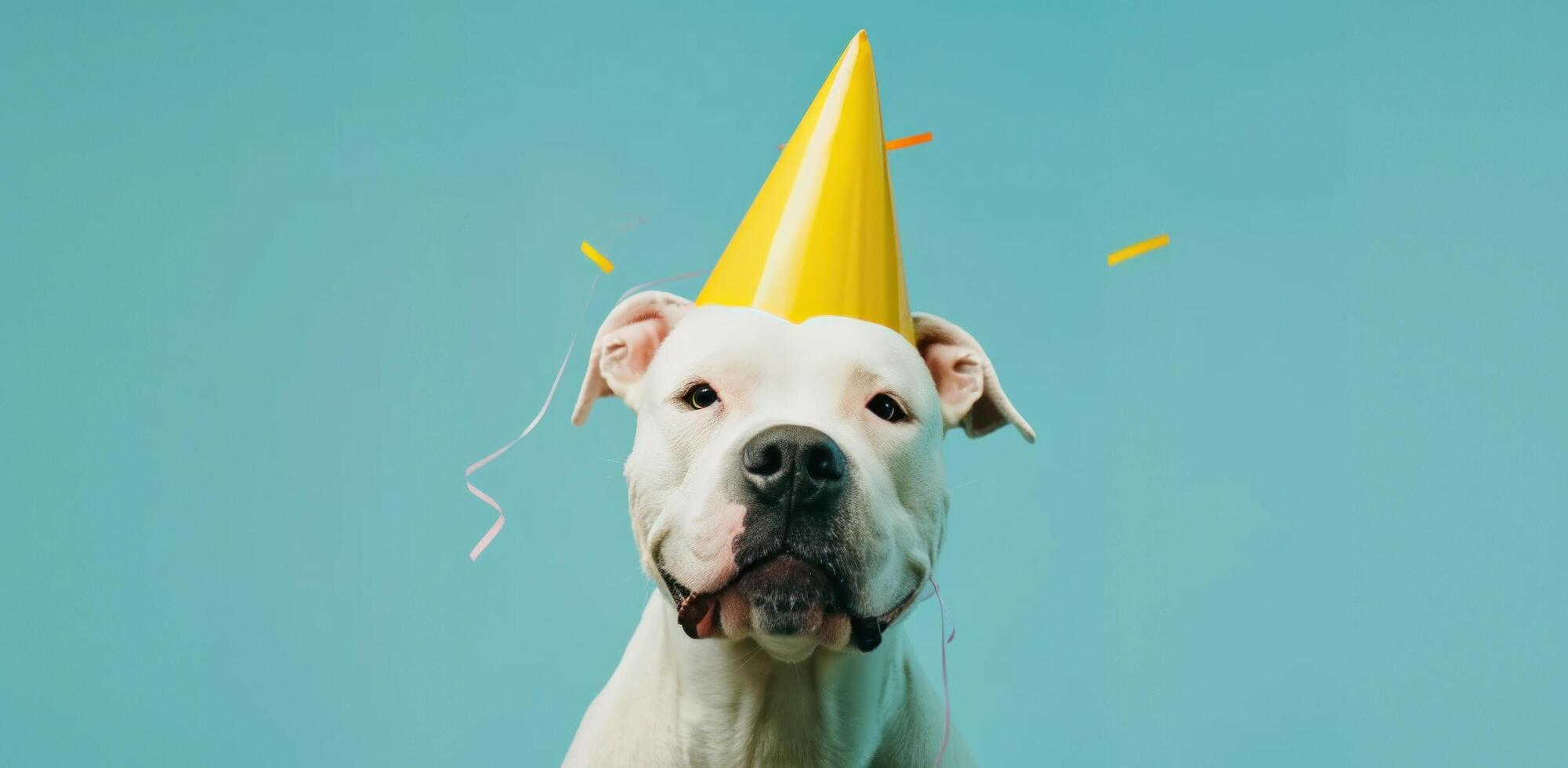 AI generated a white dog dressed up in a yellow party hat photo