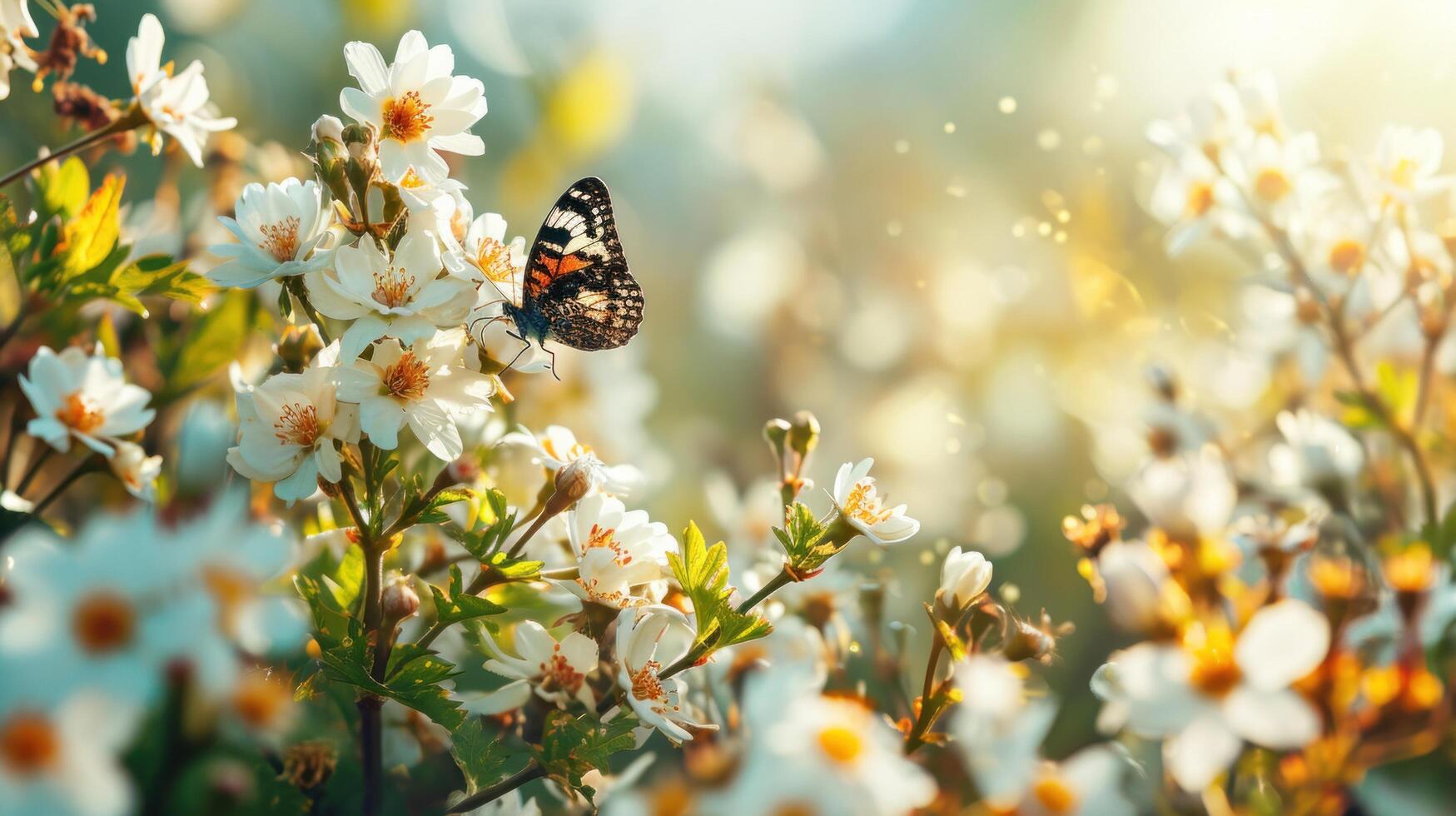 AI generated A spring holiday background adorned with blossoms, butterflies photo