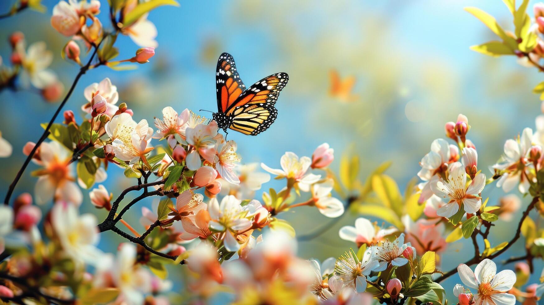 ai generado un primavera fiesta antecedentes adornado con flores, mariposas foto