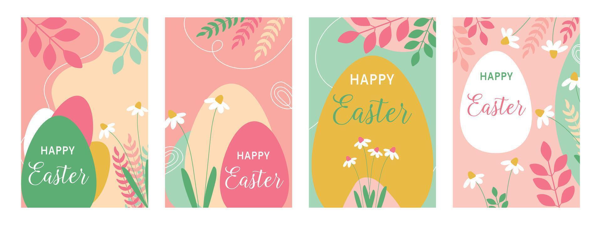 Set of Happy Easter cards with flowers and Easter eggs. Happy easter. vector