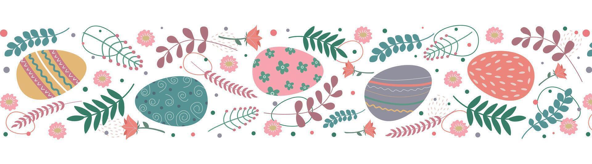 Seamless border with Easter eggs, flowers and leaves. Easter pattern. vector