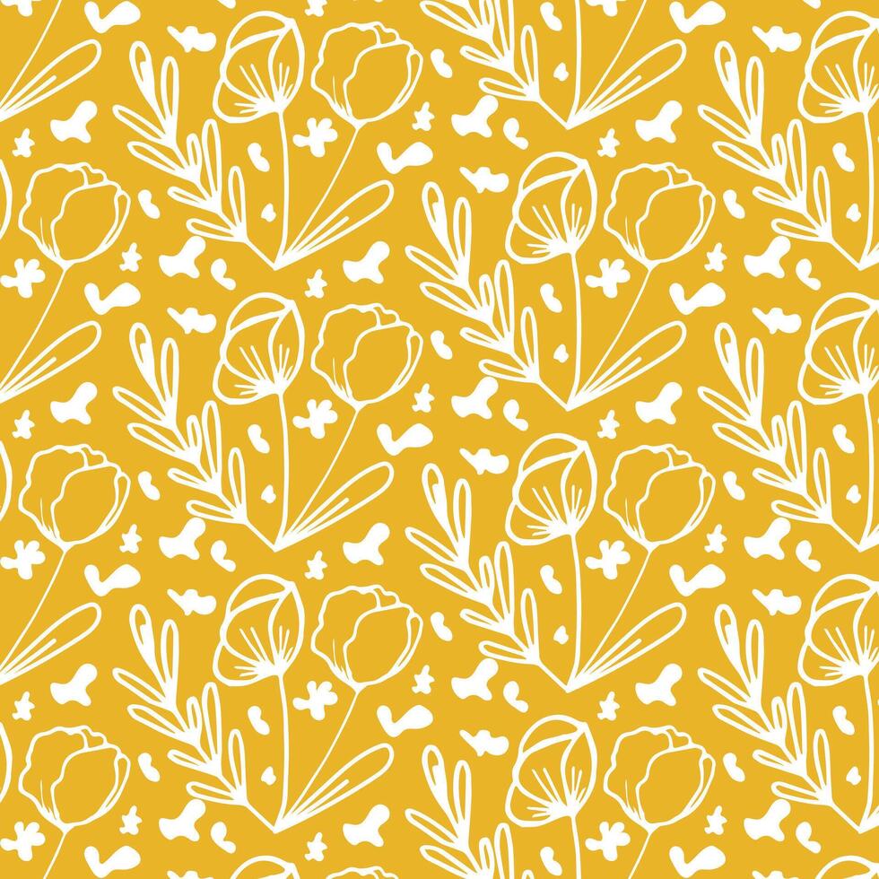 Floral background white doodle flowers on yellow background. vector
