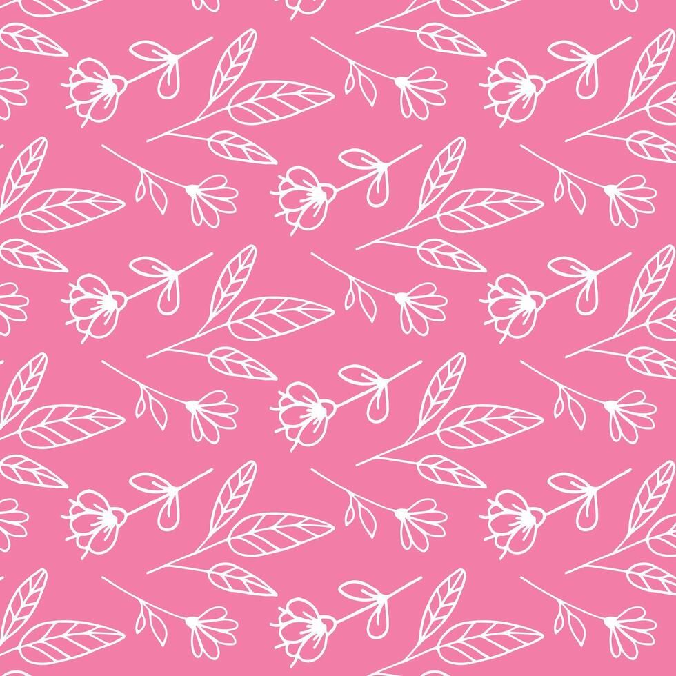 Floral background with doodles of white flowers on a pink background. Floral cute background. vector