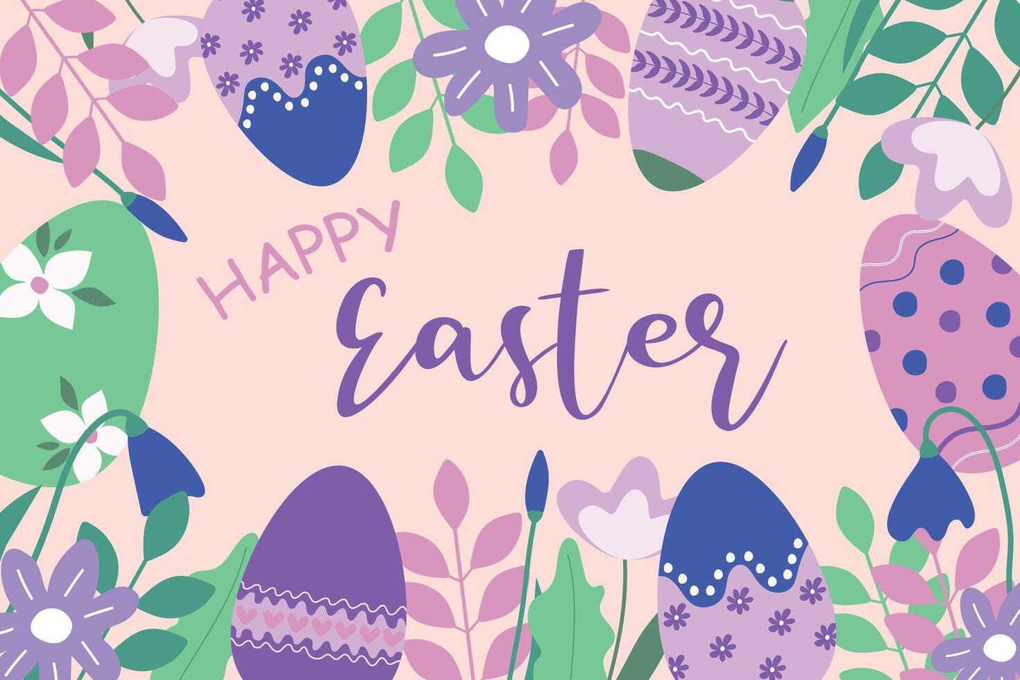 contento Pascua de Resurrección tarjeta con Pascua de Resurrección huevos y creativo flores contento Pascua de Resurrección. vector