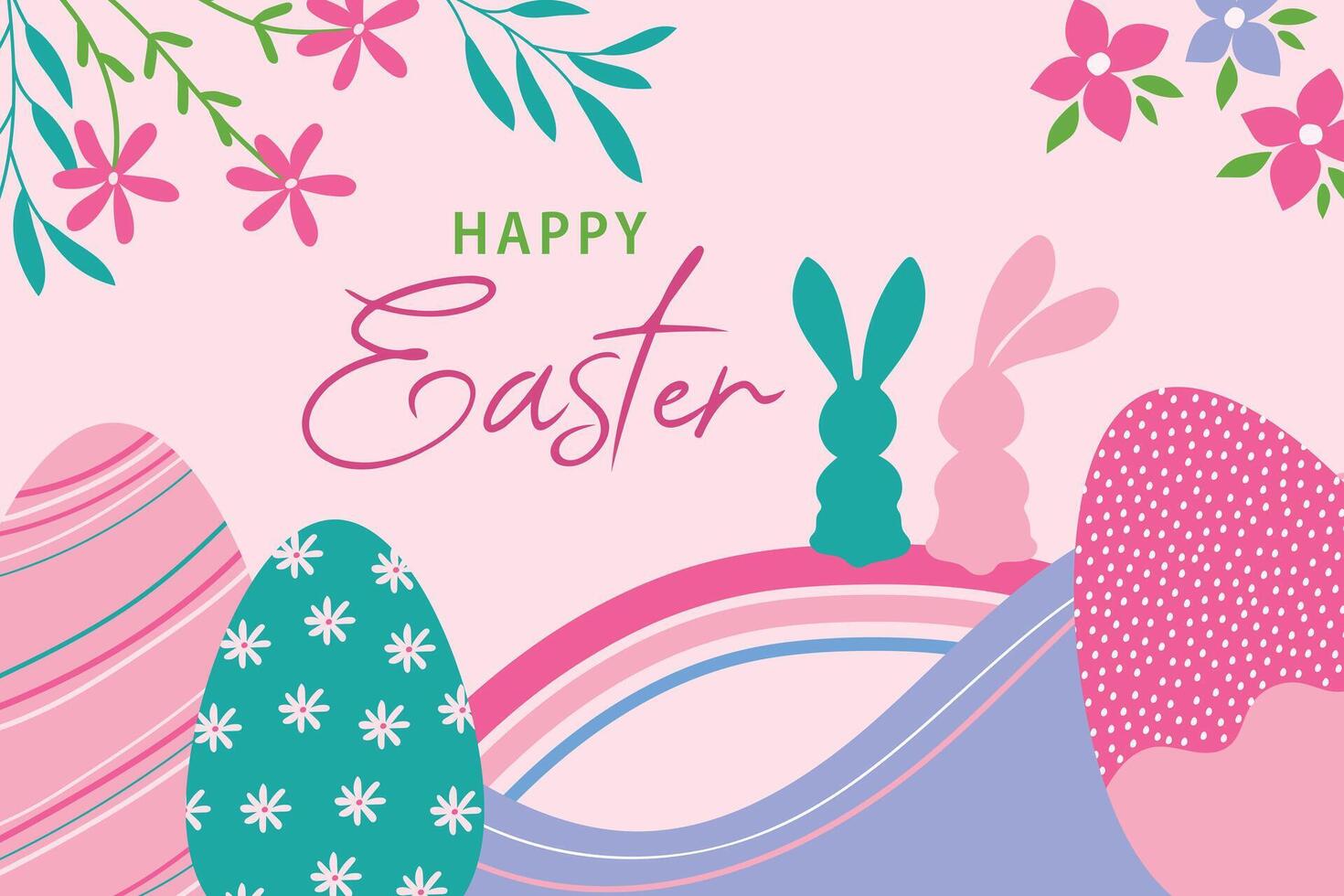 Beautiful Easter card. Happy easter. Easter eggs and Easter bunnies. vector