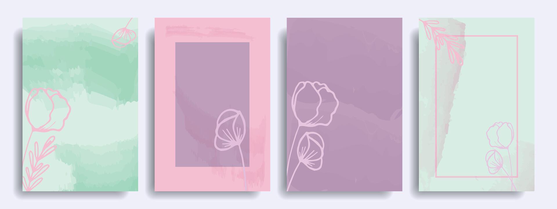 A set of delicate minimalistic backgrounds with hand-drawn flowers. vector