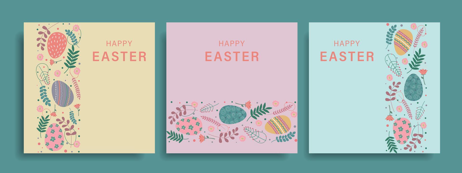 Set of Happy Easter greeting cards with Easter eggs and floral elements. Set of Easter covers. vector