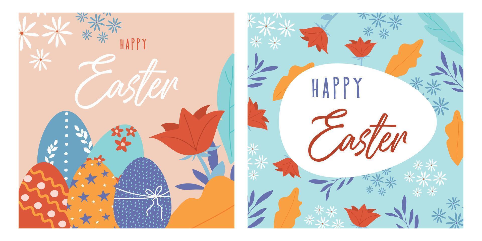 dos brillante tarjetas con flores y Pascua de Resurrección huevos, contento Pascua de Resurrección. contento Pascua de Resurrección. vector