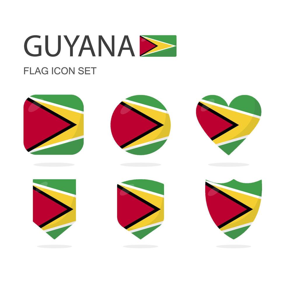 Guyana 3d flag icons of 6 shapes all isolated on white background. vector