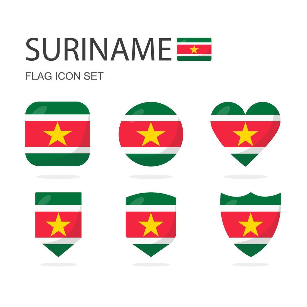 Suriname 3d flag icons of 6 shapes all isolated on white background. vector