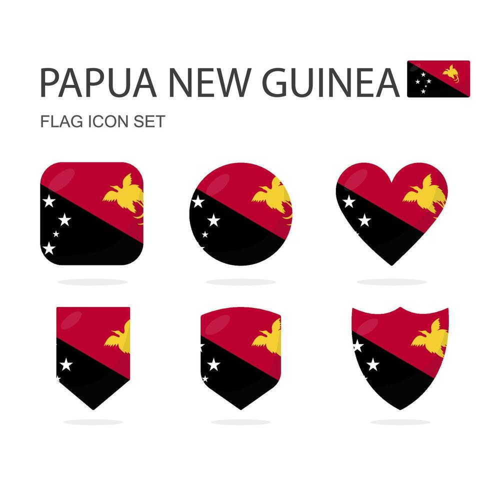 Papua New Guinea 3d flag icons of 6 shapes all isolated on white background. vector