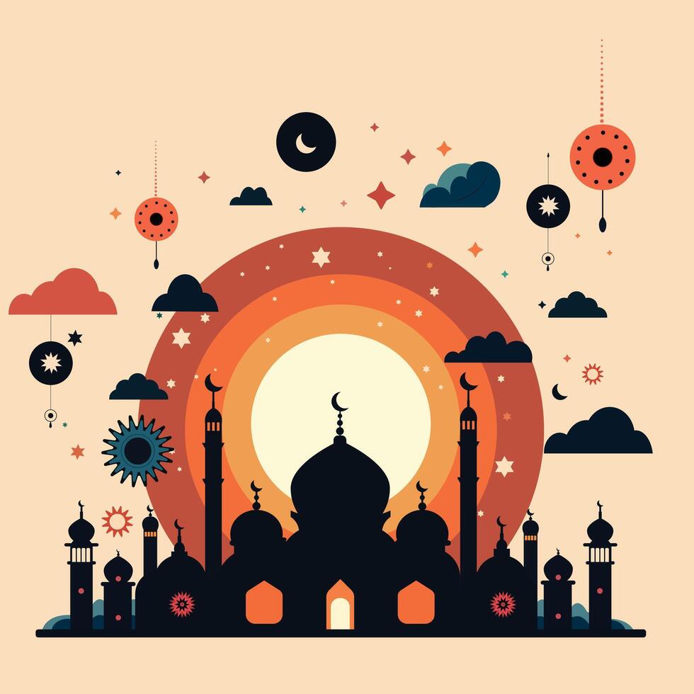 silueta paisaje de mezquita con brillante cielo para Ramadán diseño gráfico en musulmán cultura y islam religión. vector ilustración de antecedentes mezquita en el noche para islámico fondo de pantalla diseño