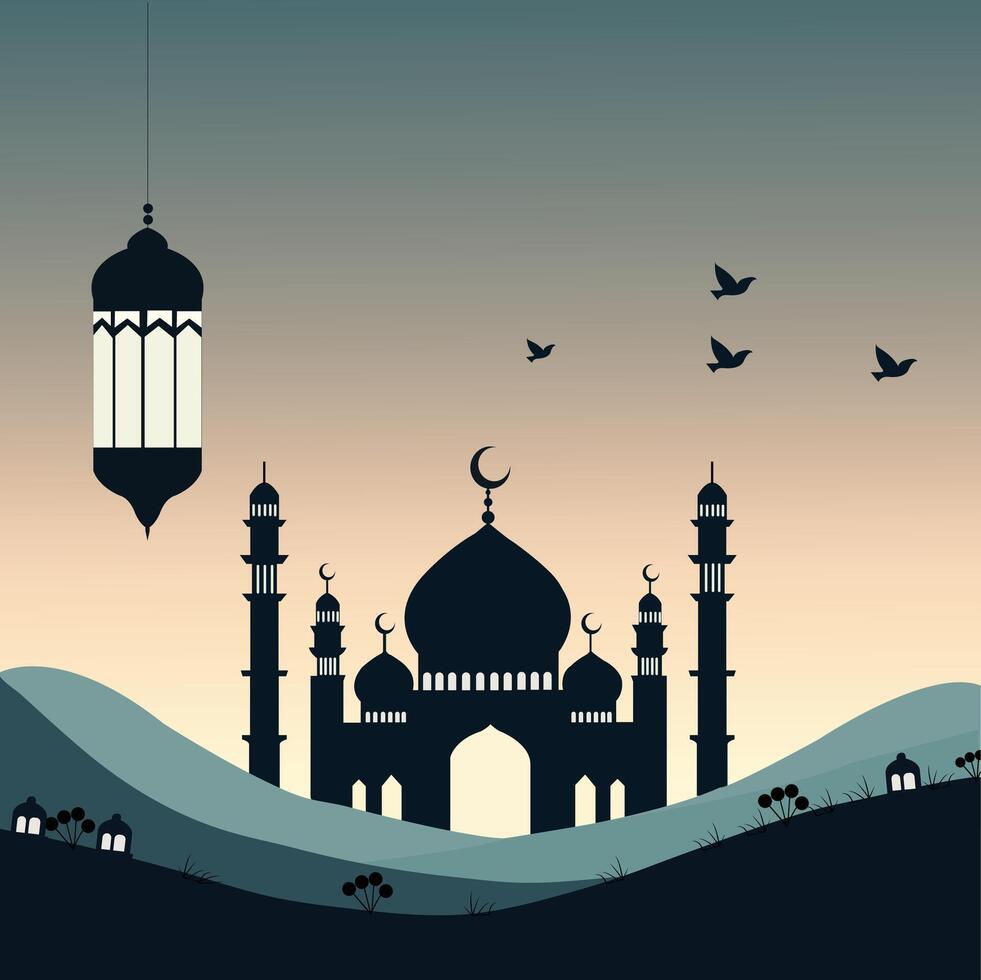 silueta paisaje de mezquita con brillante cielo para Ramadán diseño gráfico en musulmán cultura y islam religión. vector ilustración de antecedentes mezquita en el noche para islámico fondo de pantalla diseño