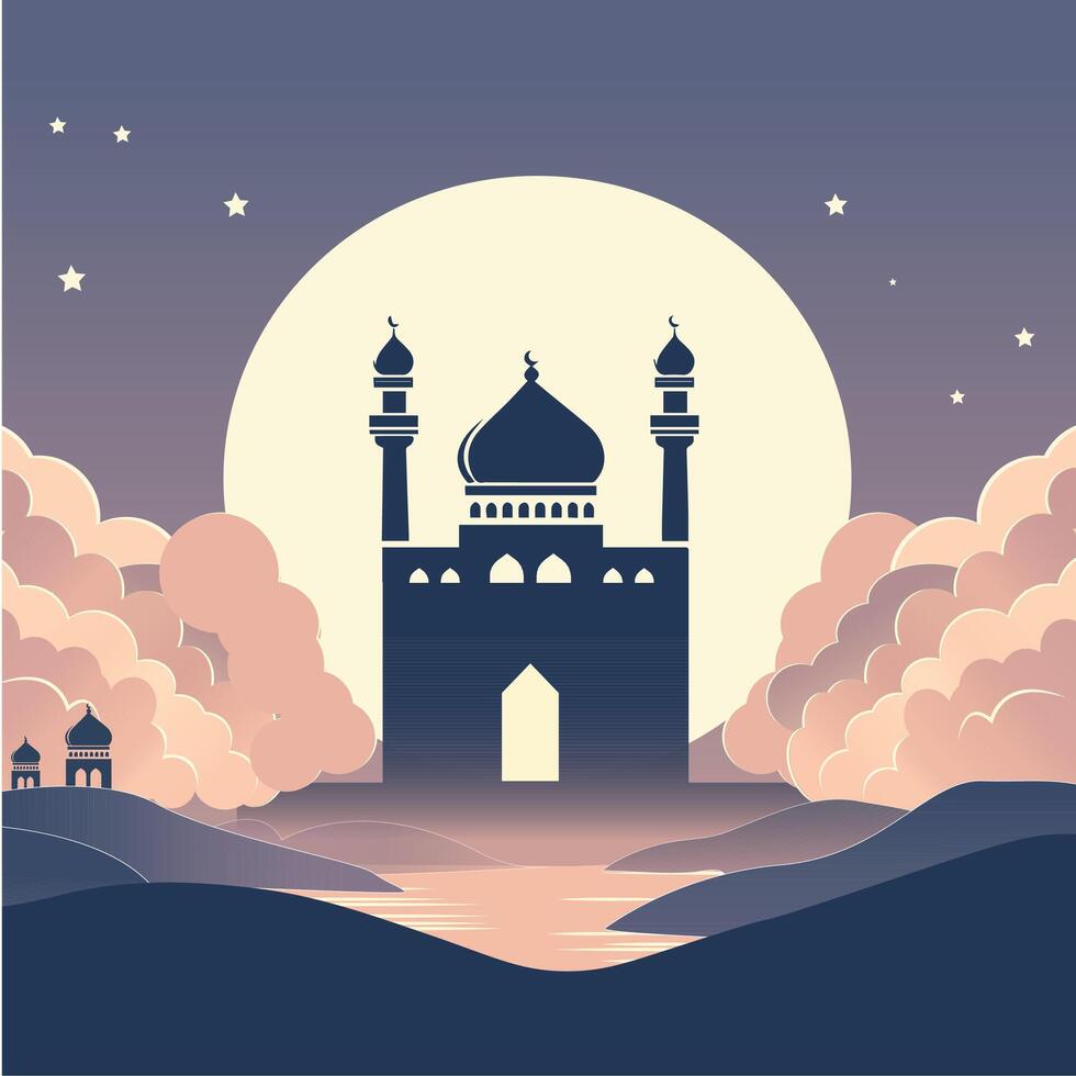 silueta paisaje de mezquita con brillante cielo para Ramadán diseño gráfico en musulmán cultura y islam religión. vector ilustración de antecedentes mezquita en el noche para islámico fondo de pantalla diseño