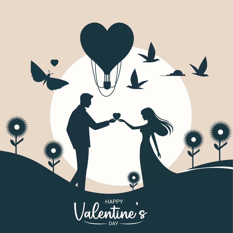 romántico Pareja en amor celebrando San Valentín día ellos regalar cada otro gratis vector