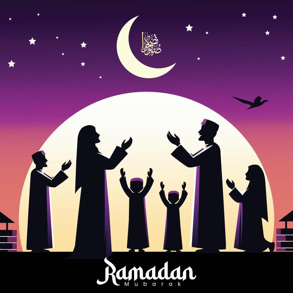 Ramadán noche con musulmán familia personaje en pie en, orar ,preguntando Dios para ayuda. fe, religión, problema concepto gratis vector