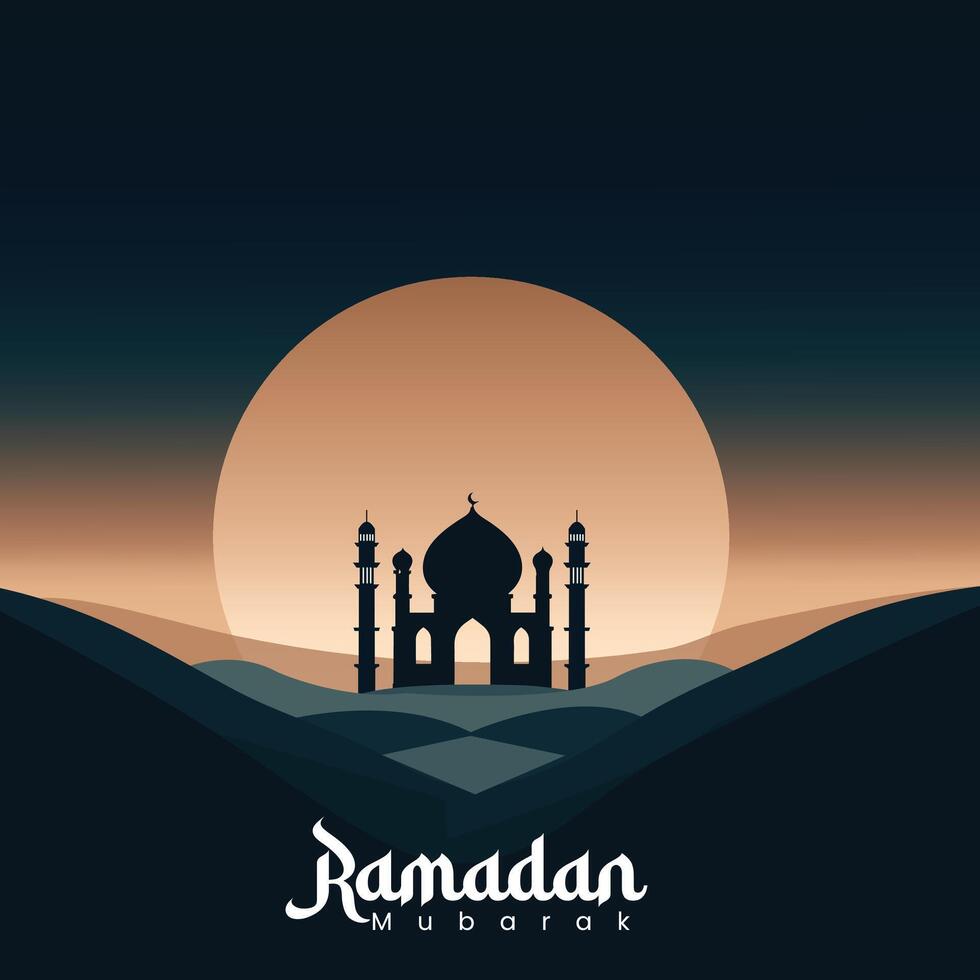 Silhouette landscape of mosque with shiny sky for ramadan design graphic in muslim culture and islam religion. Vector illustration of background mosque in the night for Islamic wallpaper design
