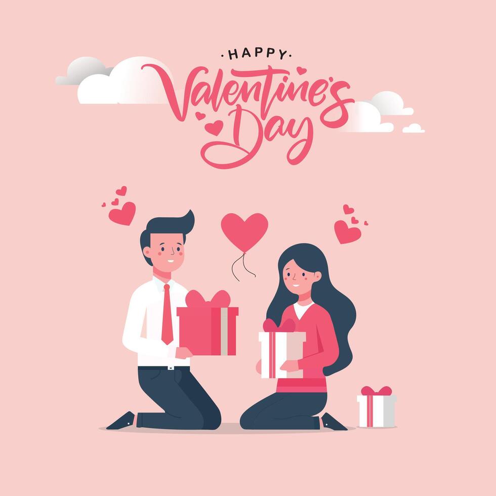 romántico Pareja en amor celebrando San Valentín día ellos regalar cada otro gratis vector