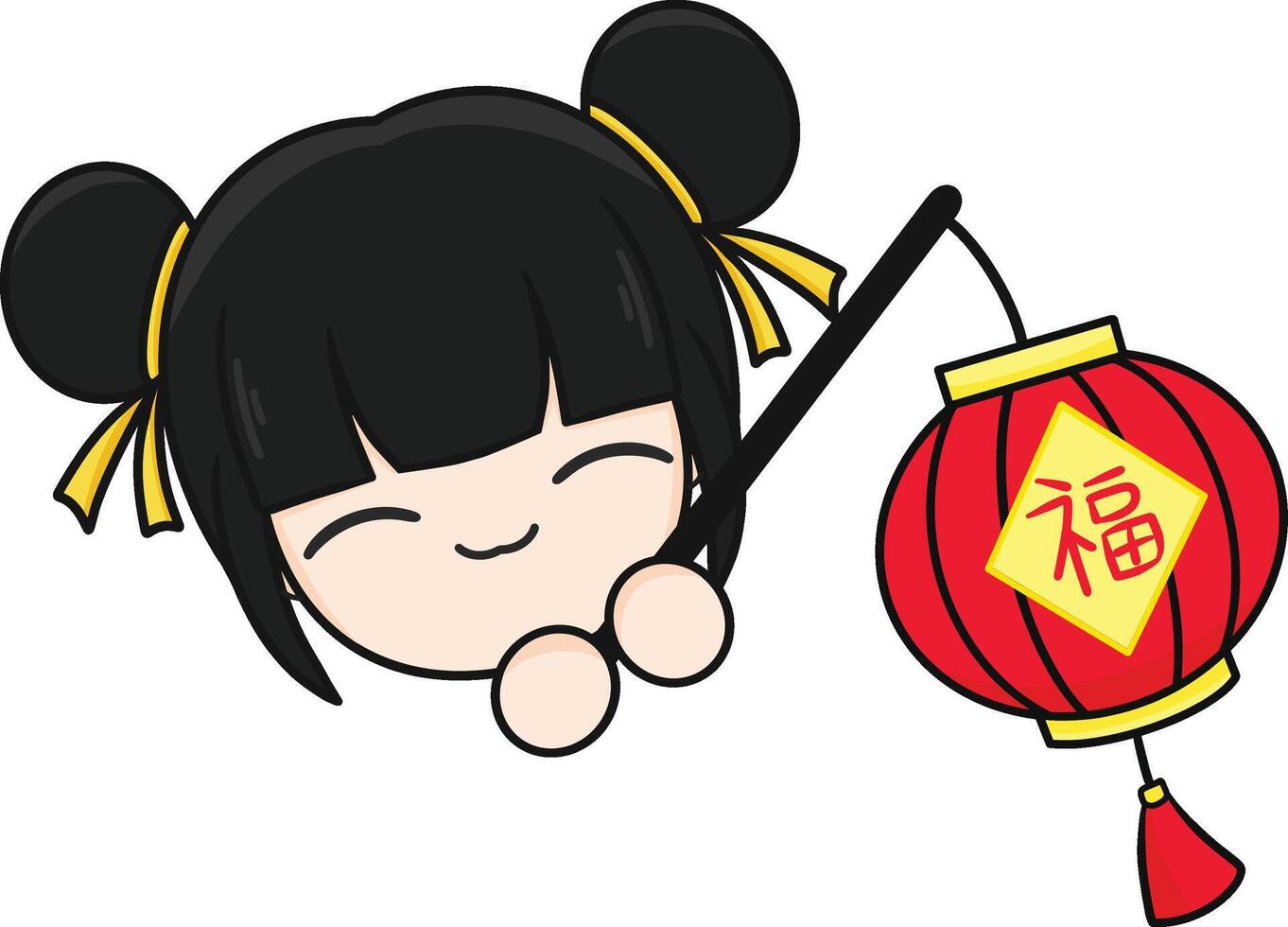 Chinese New Year, Cute Mascot Kid with Black Hair  Holding Red Lantern and Cartoon illustration. vector