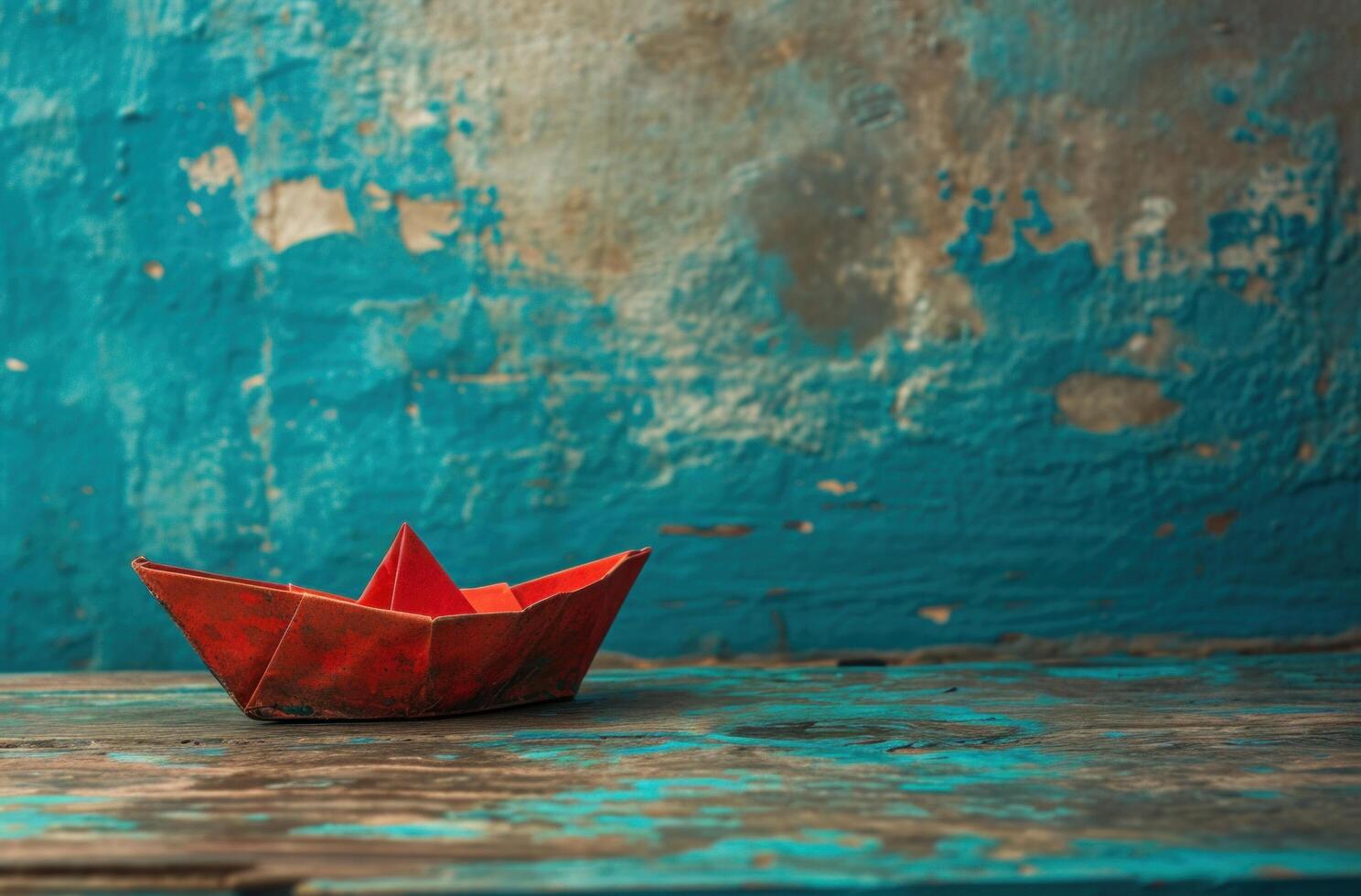 AI generated a small paper boat with red sail on wooden deck photo