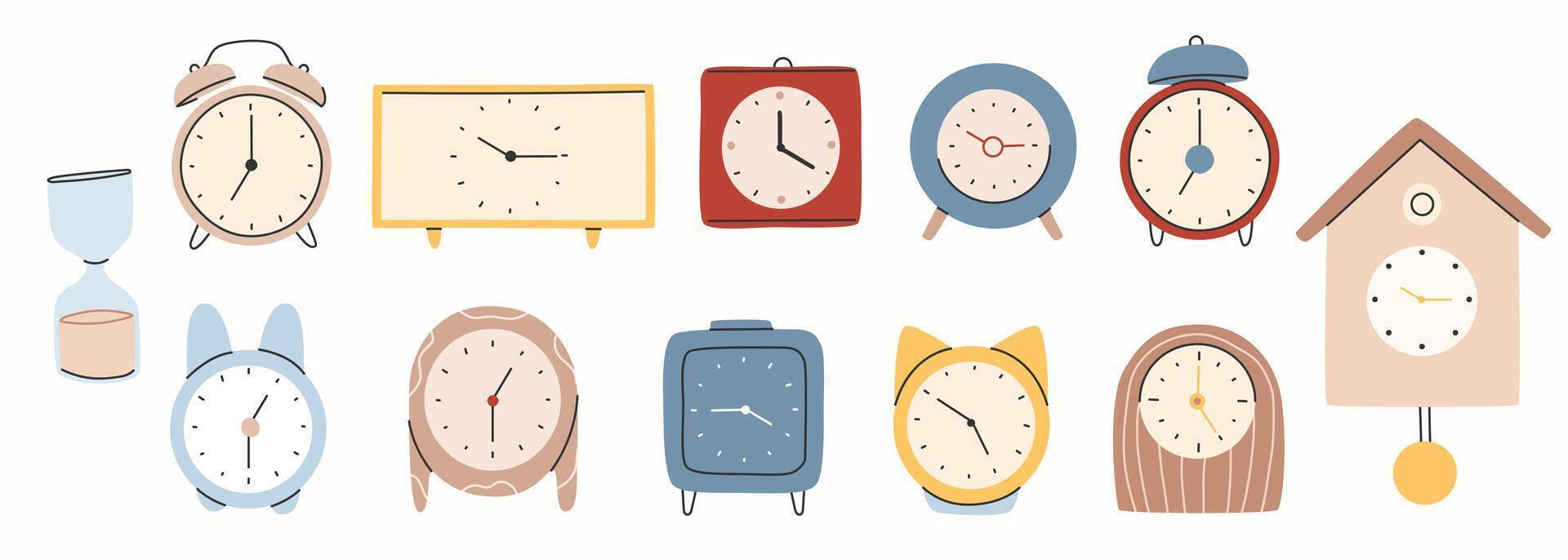 diferente tipos de relojes en de moda estilo. reloj póster colocar. de moda dibujado a mano estilo.impresión, póster, banner.vector vector