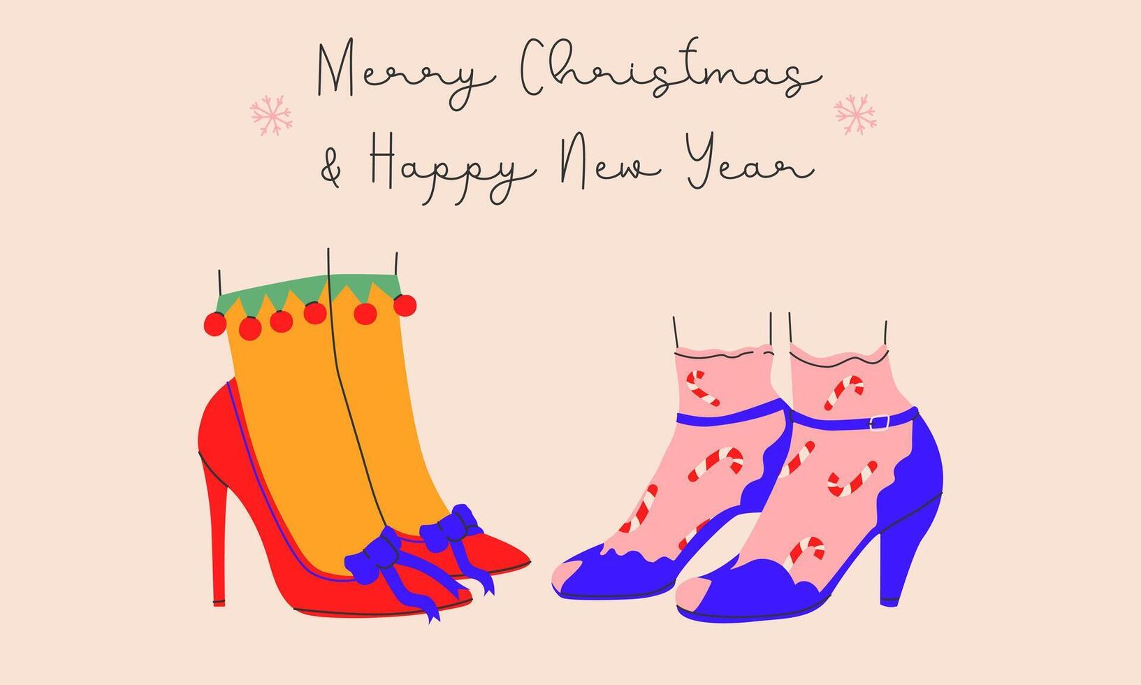 Merry Christmas and Happy New Year card with costume shoes and bright socks in a trendy style.isolated.Vector vector