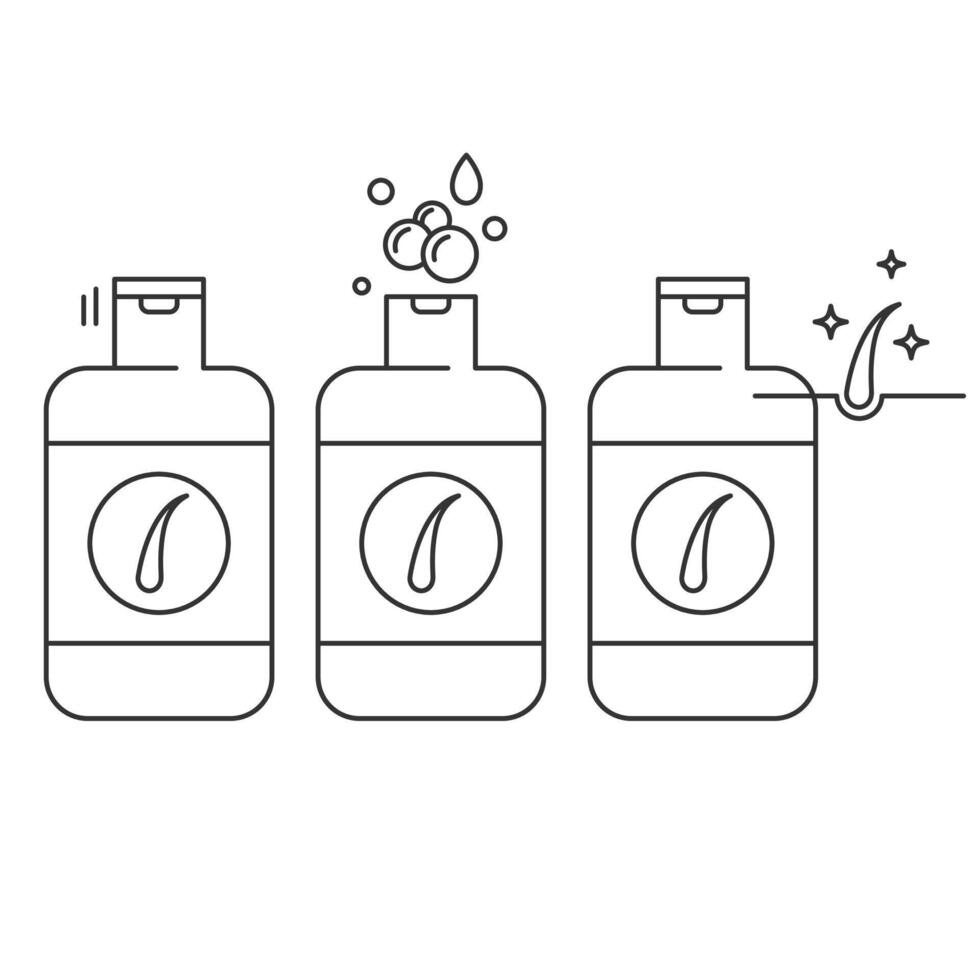 Shampoo bottle and foam outline icon set.Hair care,loss treatment, moisturizing,healthy roots,follicle,thin line symbol.Simple instructions for using.Editable Stroke.Vector illustration EPS 10 vector