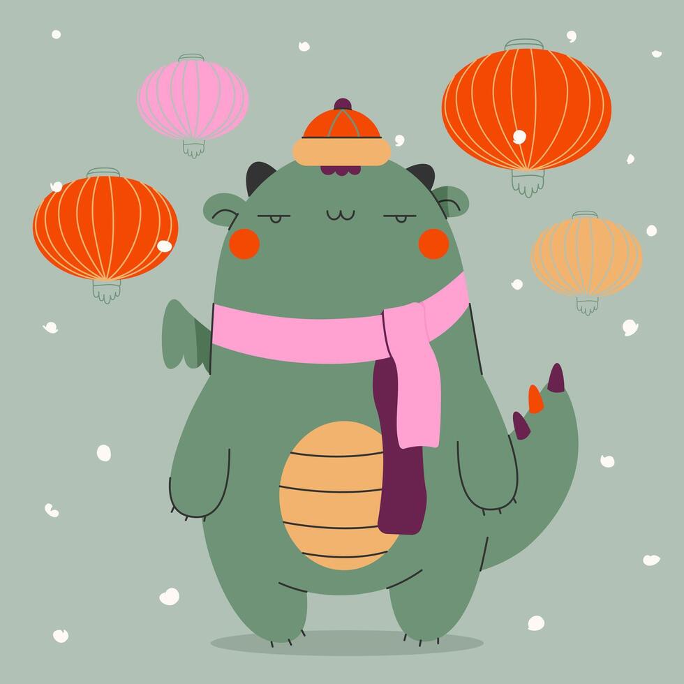 Cute dragon cartoon character design for Chinese new year 2024, year of the dragon.Little funny dragon celebrating the lantern festival.Zodiac kawaii character.Vector illustration eps10. vector