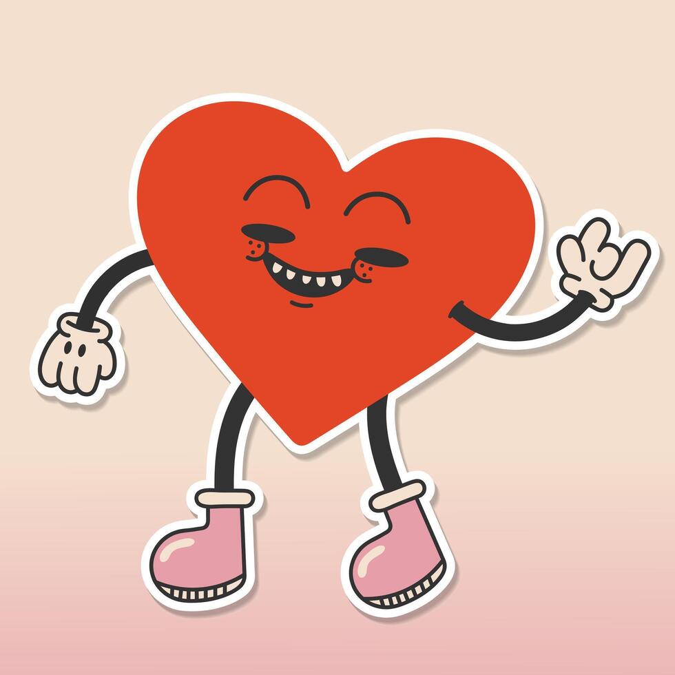 maravilloso encantador corazón pegatina.retro,vintage brillante maravilloso impresión. cómic contento corazón personaje en de moda 60s 70s dibujos animados tarjeta.de.estilo contento san valentin día.y2k. vector ilustración.