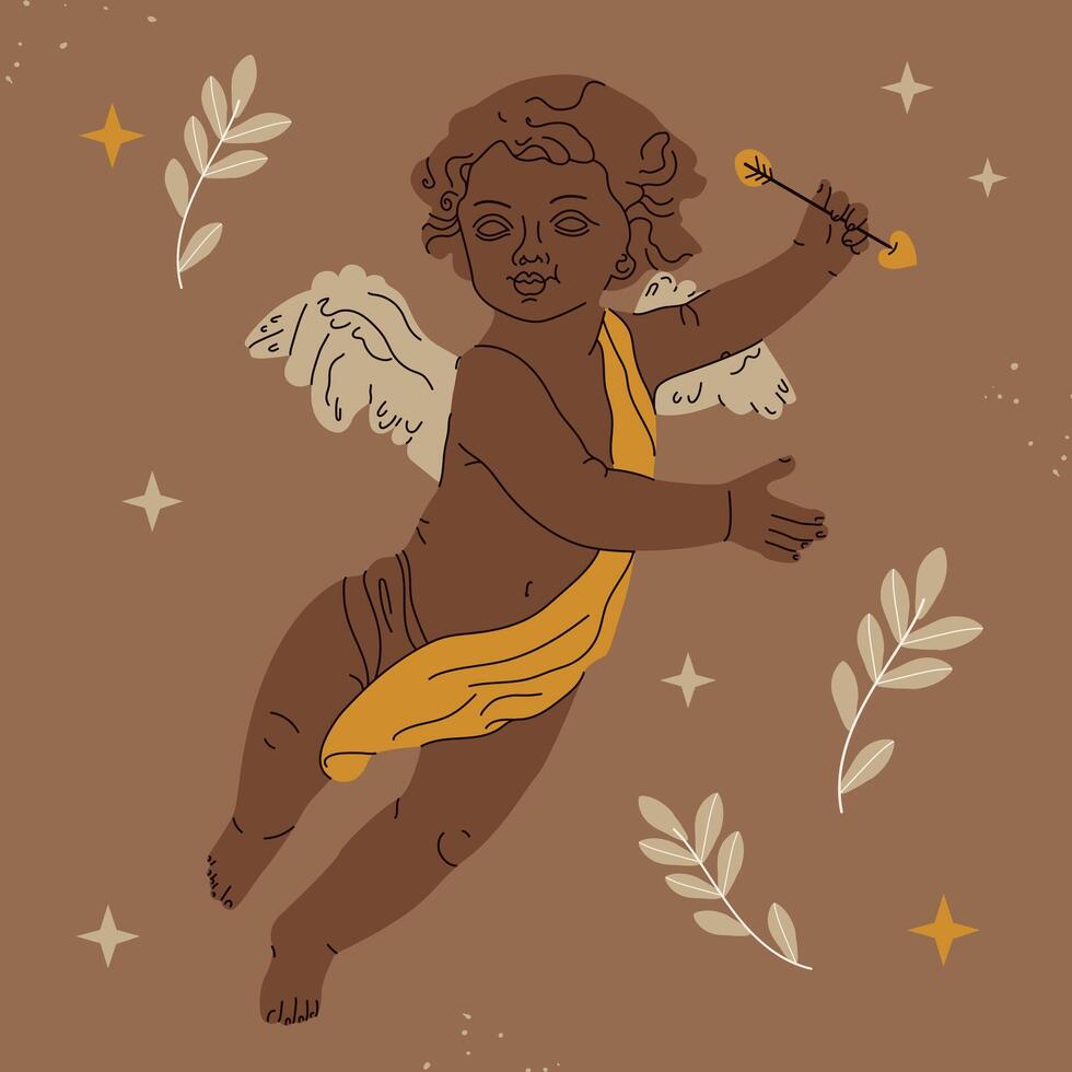 Brown cupid or cherub with arrow and wings flying isolated.Valentine's Day,wedding,romantic holiday concept.Ideal for t-shirt print,cards,14 february holiday sale vector