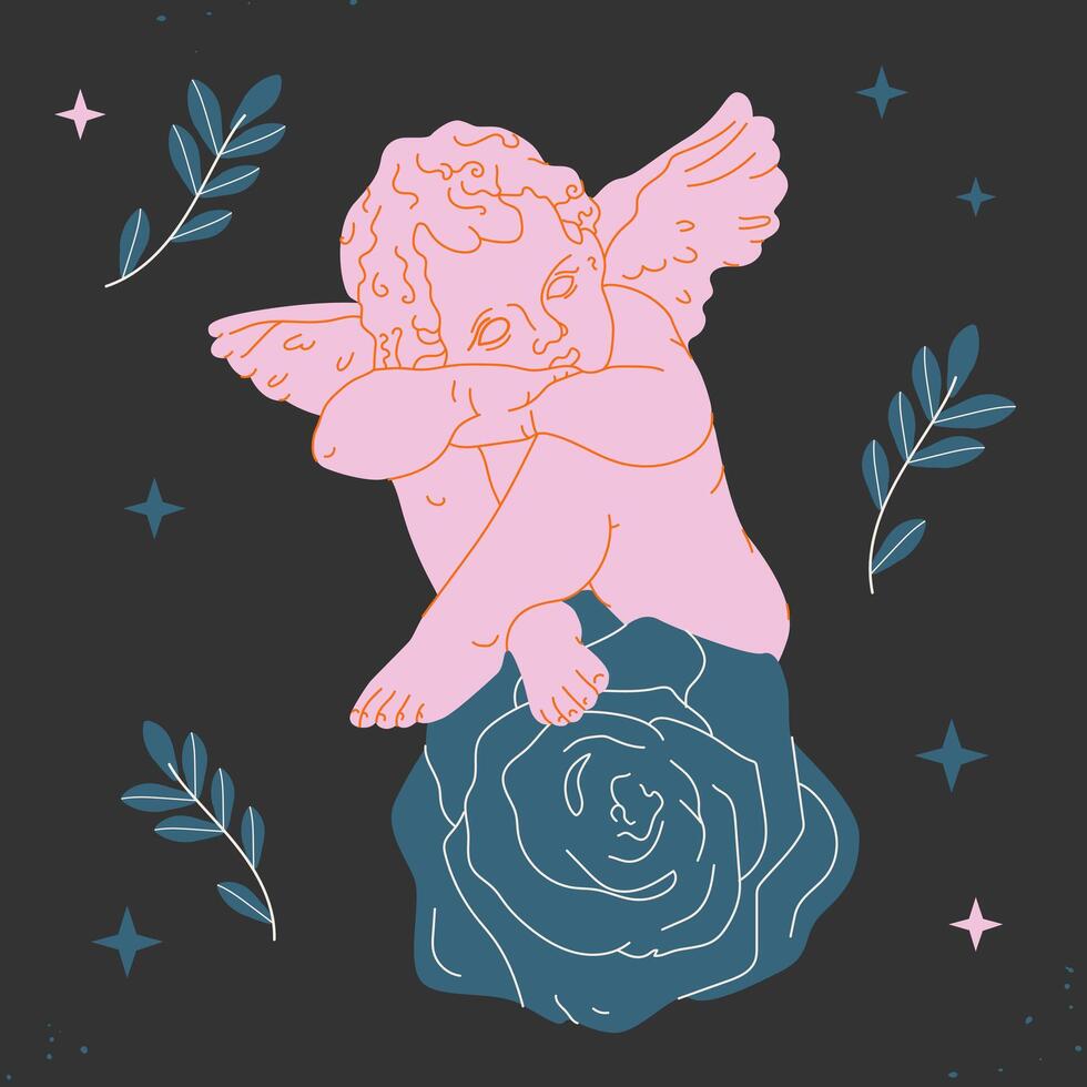 Angel child with wings. Cherub or Cupid.Antique pink angel sitting on the rose.Baby angel statue resting. Valentine's Day, romantic holiday concept. Logo, card, print template vector