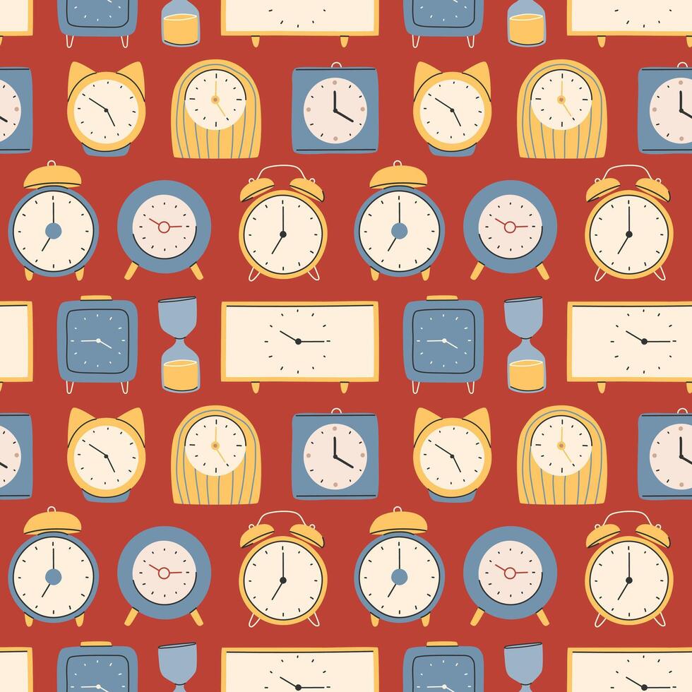 Different types of watches in trendy style. Clock poster, pattern set. Fashionable modern hand-drawn style.Vector vector