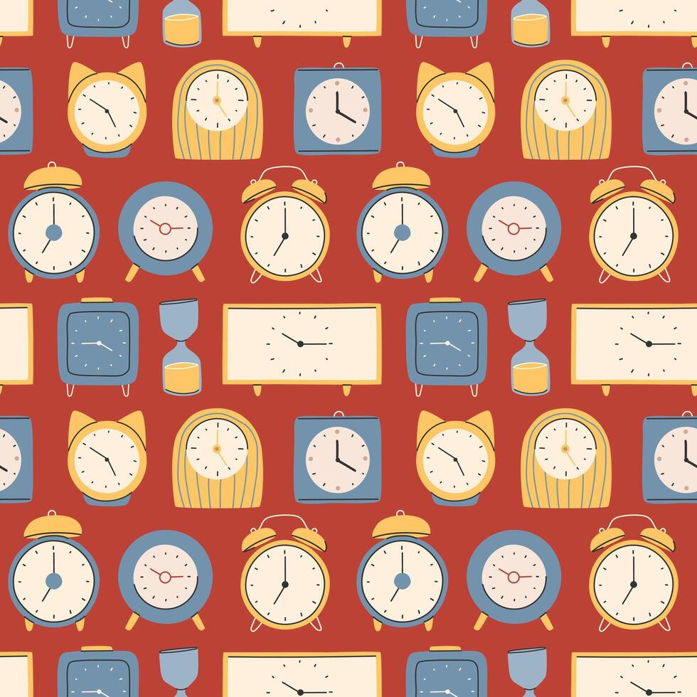 Different types of watches in trendy style. Clock poster, pattern set. Fashionable modern hand-drawn style.Vector vector