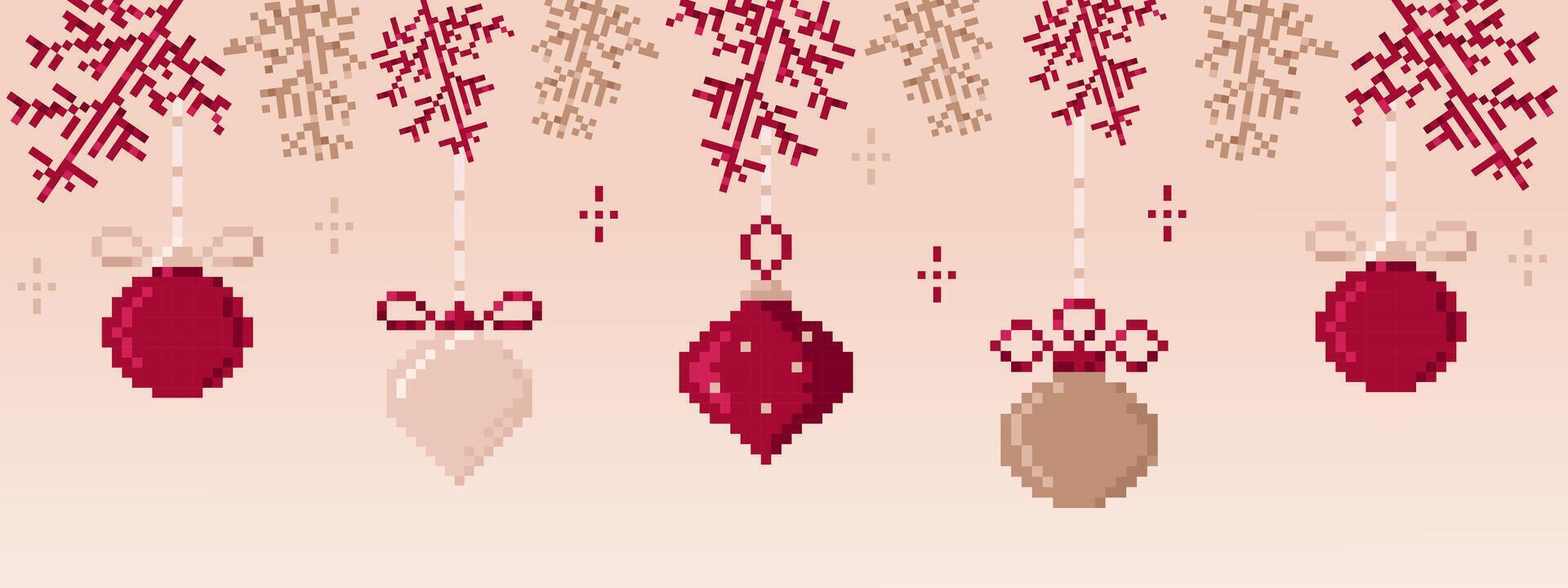 Pixel art Christmas and New Year banner with Christmas tree branches and beautiful balls.Pixelated winter decorations. New Year print. vector