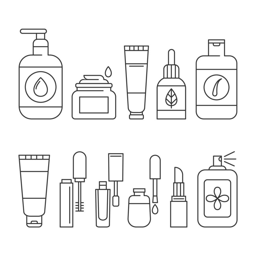 piel, cuerpo, cabello cuidado línea íconos set.maquillaje ilustración firmar colección.varios diferente cosmético empaque del producto en diferente formas para belleza productos editable trazo.vector ilustración eps 10 vector