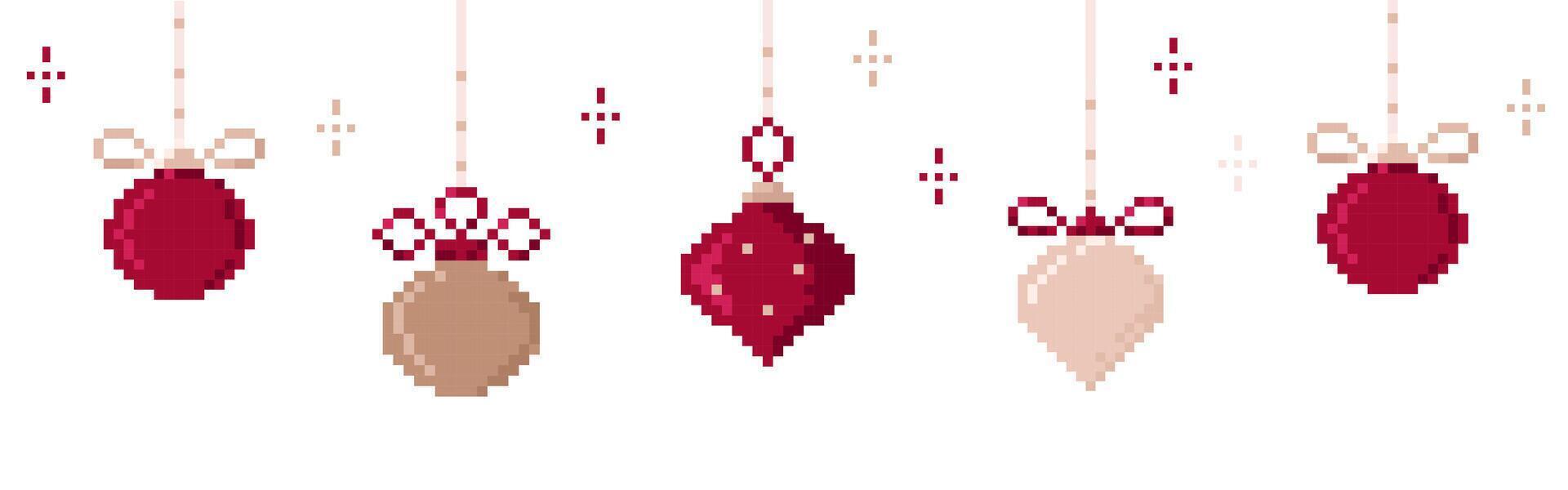 Pixel art Christmas and New Year banner with Christmas beautiful balls isolated.Pixelated winter decorations. New Year print. vector